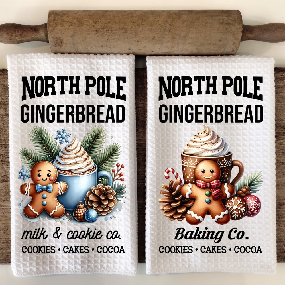 North Pole Kitchen Towels, Gingerbread Cookie Towel, Christmas Kitchen Towel Set